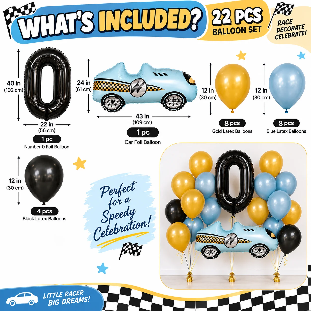 Race Car Balloon Set 22 Pcs, 40 Inch Number 0‑9 Optional, Racing Car Foil Balloon, Gold Blue Black Latex Balloons, Boys Birthday