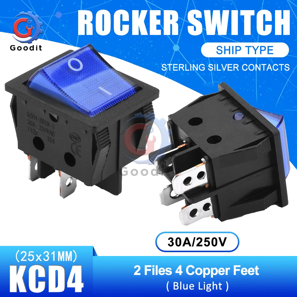 5Pcs/Set 4 Pin Rocker Switch 2 Position Lamp Light ON/OFF 30A/250V KCD4 Toggle Power Switches Silver Contacts 25*31MM