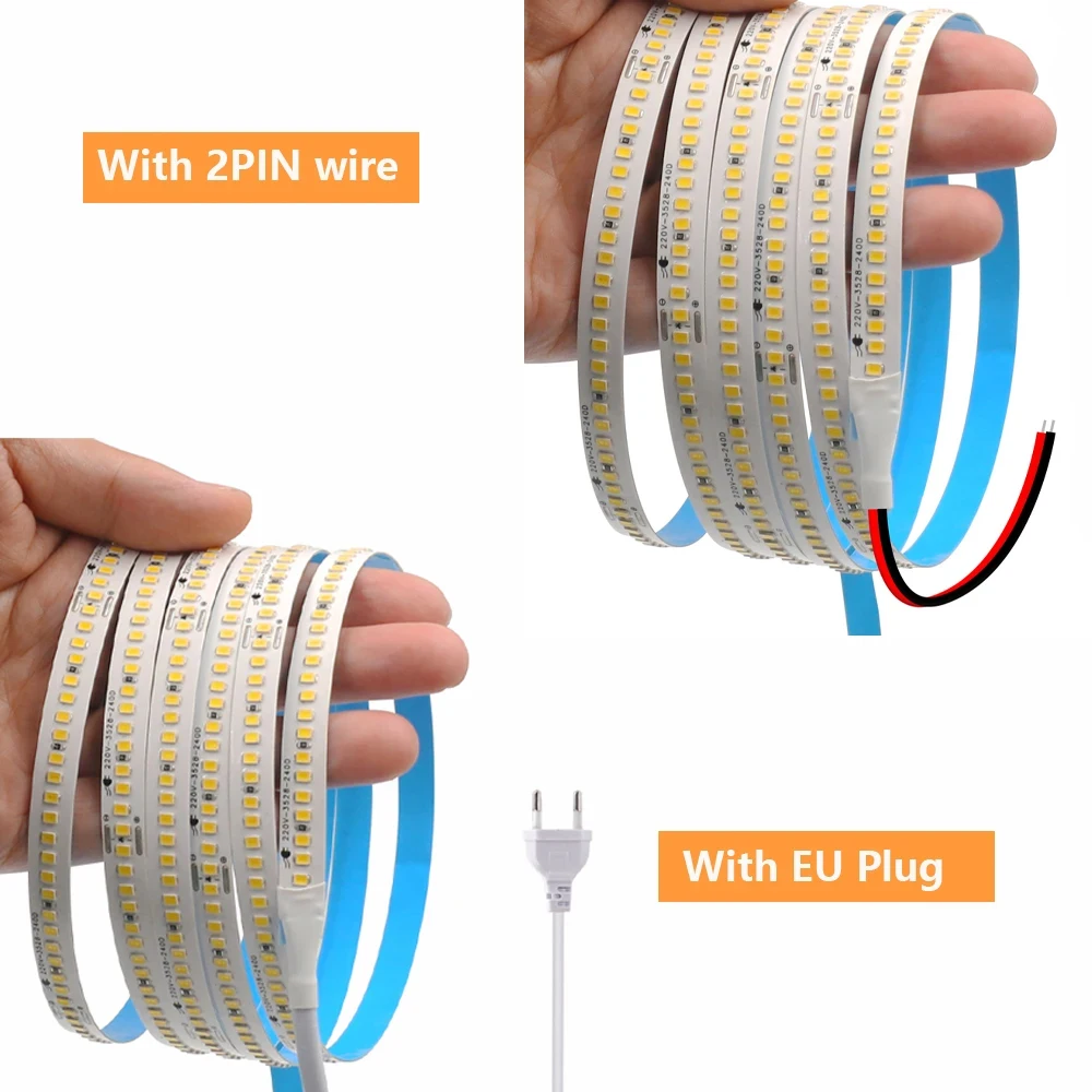 5M 10M 20M LED Adhesive Tape Light 110V 220V EU US Plug 2Pin Wire Bright Flex Strip 2835 240LEDs/m Home Decor Warm Natural White