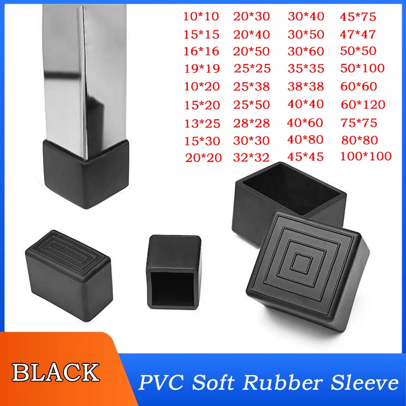 

10x10~100x100mm Black Square Silicone PVC Soft Rubber SleeveTable and Chair Leg Cover Outer Cap Non-slip Table Foot Dust Cover