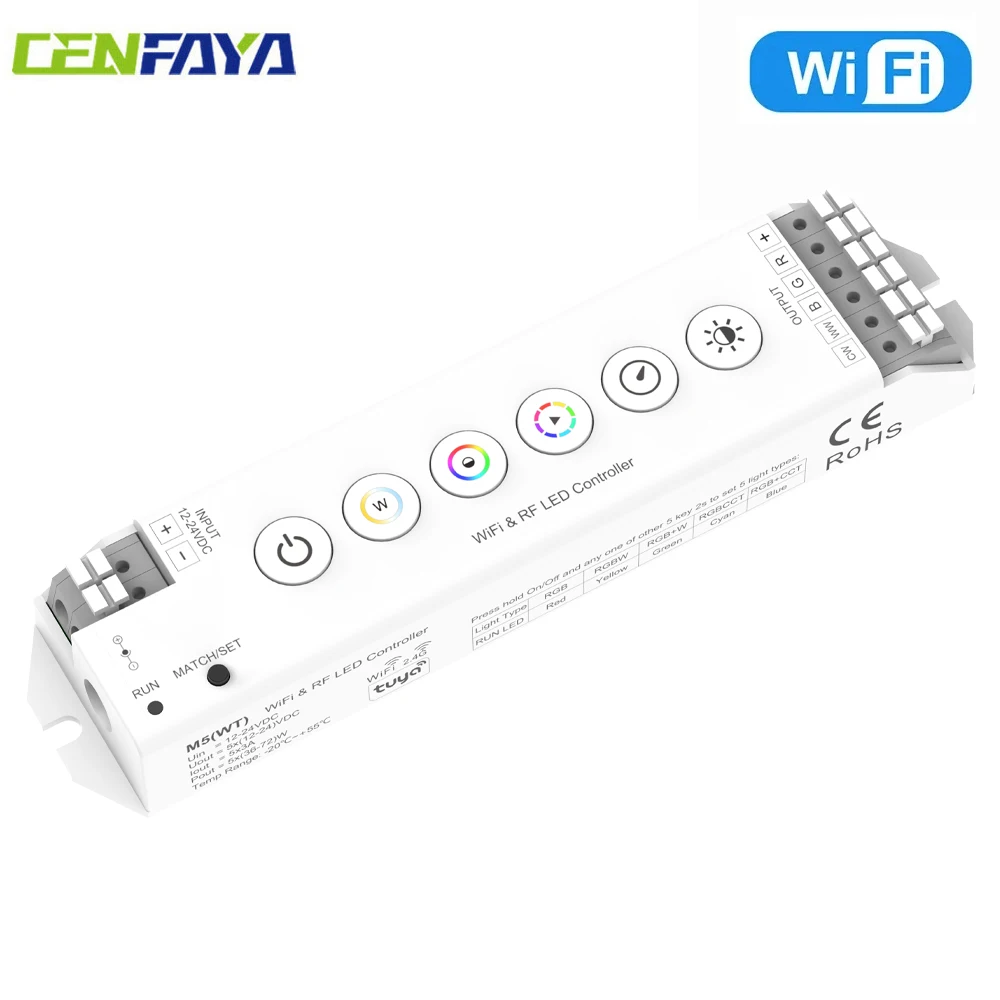 

CENFAYA TUYA WiFi LED Controller M5 6 buttons Dimmer DC 12V 24V RGB RGBW RGB+W RGBCCT RGB+CCT 5 Light Type Dimming Dynamic Modes
