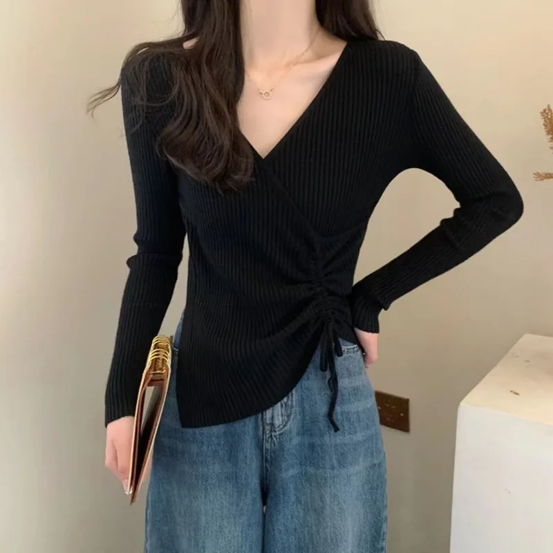 Shirring Fashion Women Sweaters 2024 Knit Top Autumn Winter Pullovers Knitwears Long Sleeve Clothes Solid V-neck Ladies Sweater