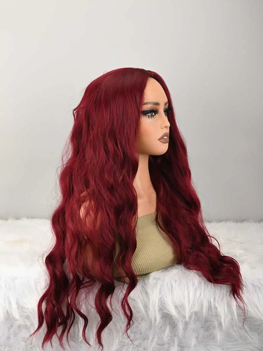Burgundy Wig With Bangs For Women Long Burgundy Wavy Wigs Dark Red Wigs Natural Looking Heat Resistant Synthetic Wig For Daily Party Use image 4