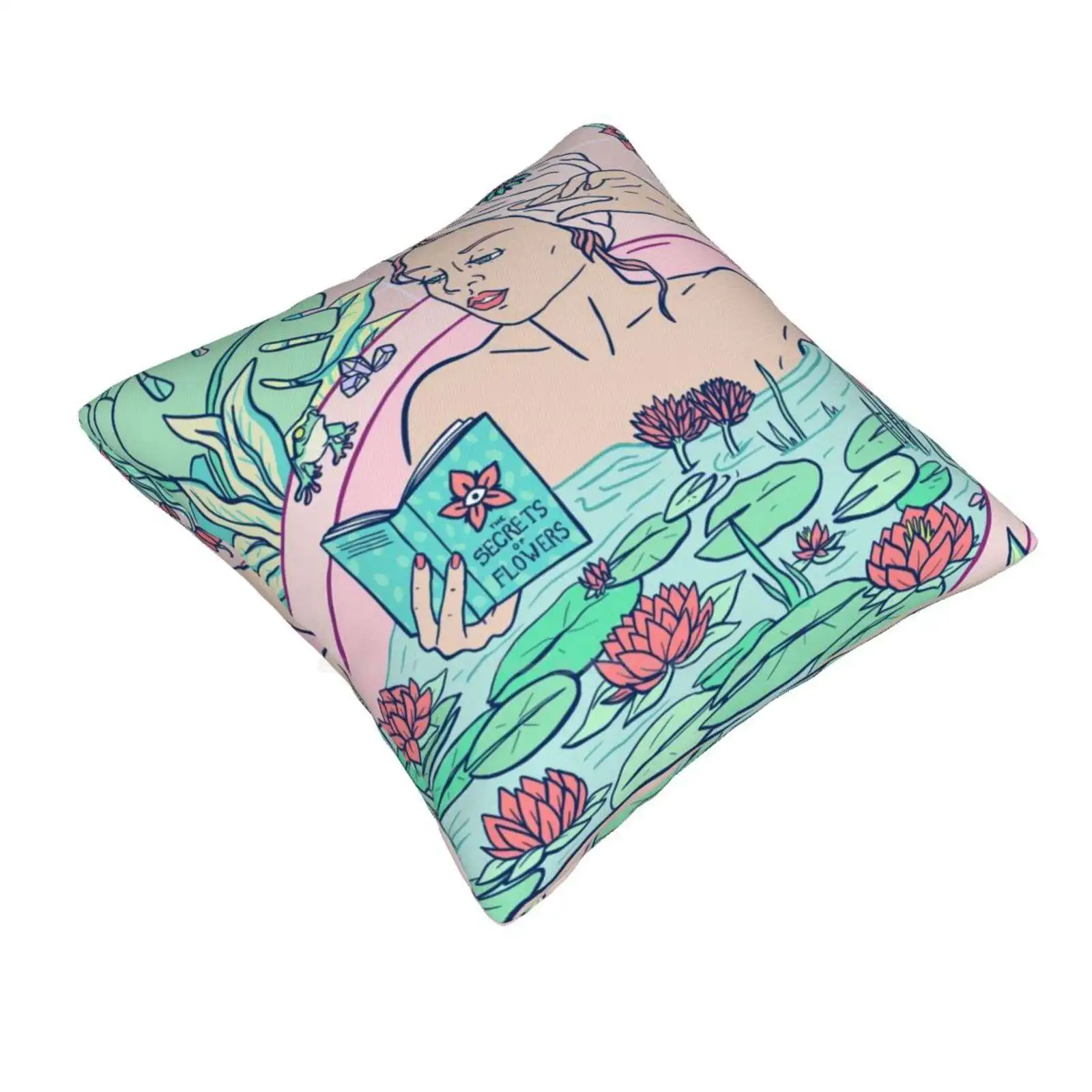 Secrets Of Flowers Bath Pillow Cover Hug Pillowcase Selfcare Self Love Self Care Woman In Bathroom Nature Plants Lily Pond Lily