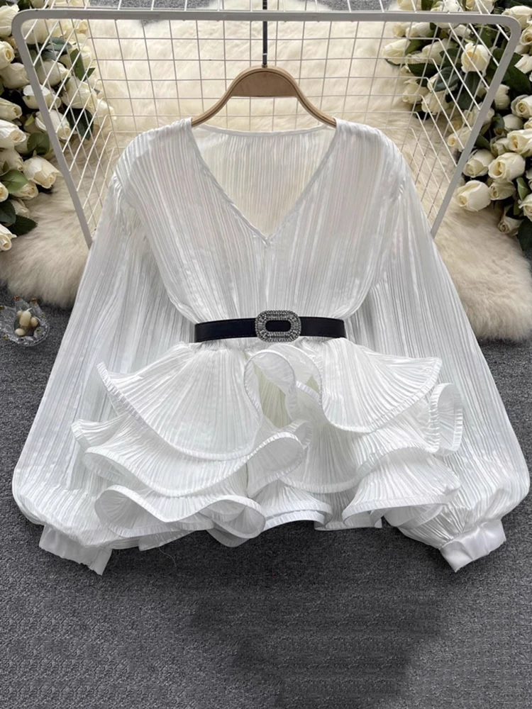 EWQ Ruffles Pleated Blouse For Women Fashion V Neck Belt Gathered Waist Lantern Sleeves Tops Fashion 2024 Summer New 27C111