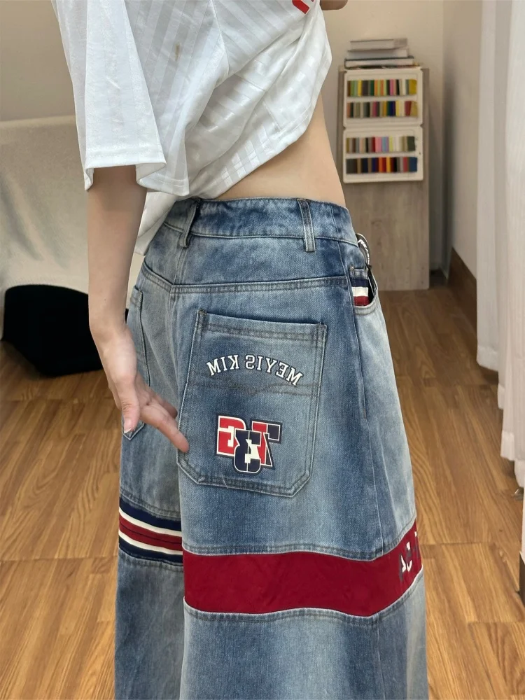

American Retro Color Block High Waist Wide Leg Jeans Women's Summer New Design Sense Pants Casual Wear Resistant