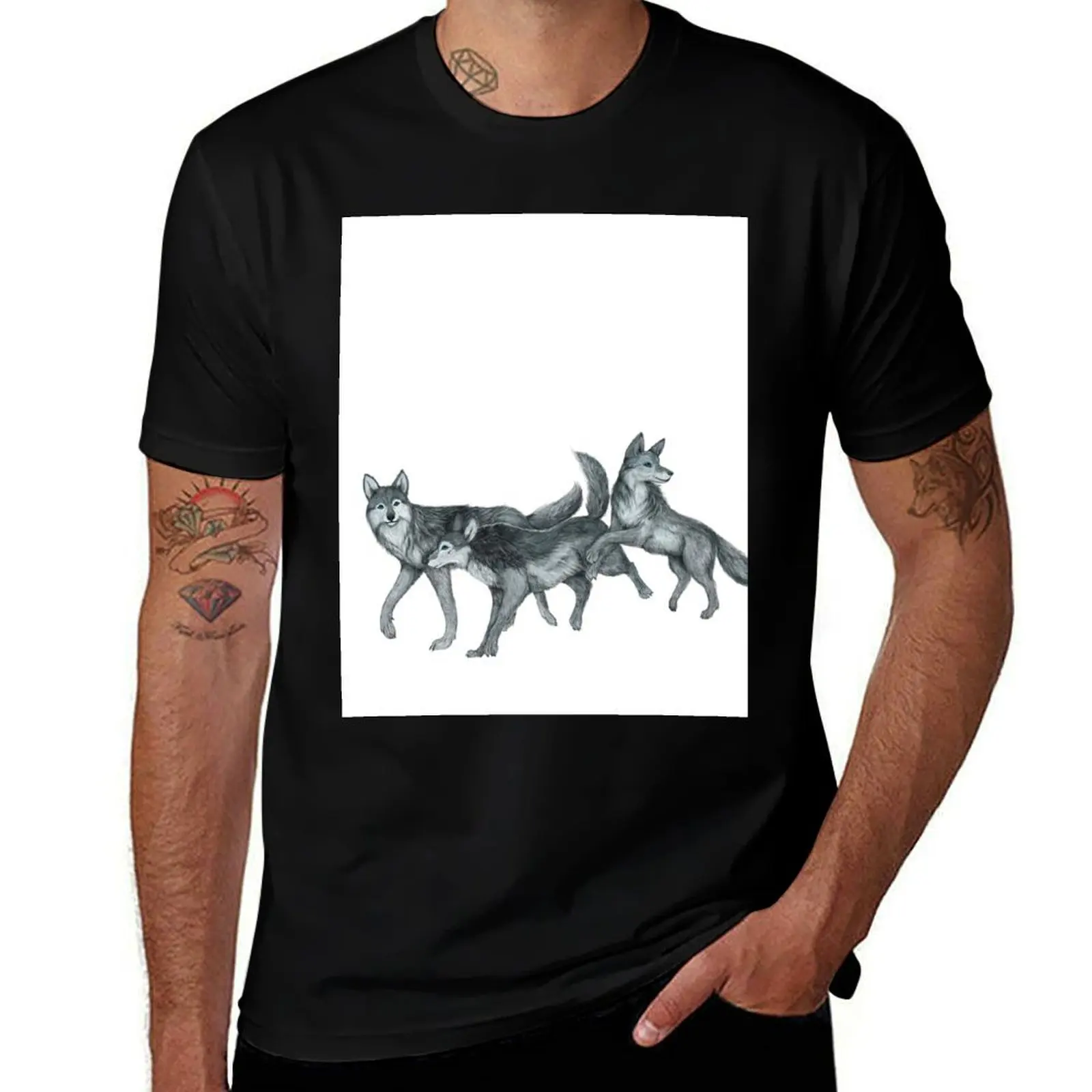 

Dancing wolves- gray T-Shirt baggy shirts anime stuff cotton t shirt men