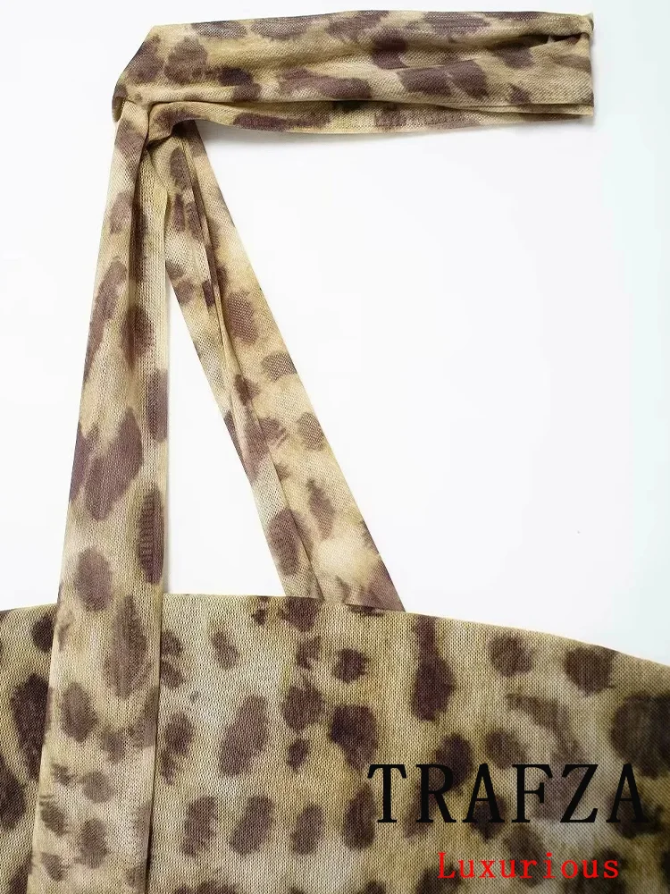 TRAFZA Vintage Sexy Chic Women Dress Leopard Print Halter Backless Sheath Straight Mini Dress Fashion 2024 Autumn Female Dress