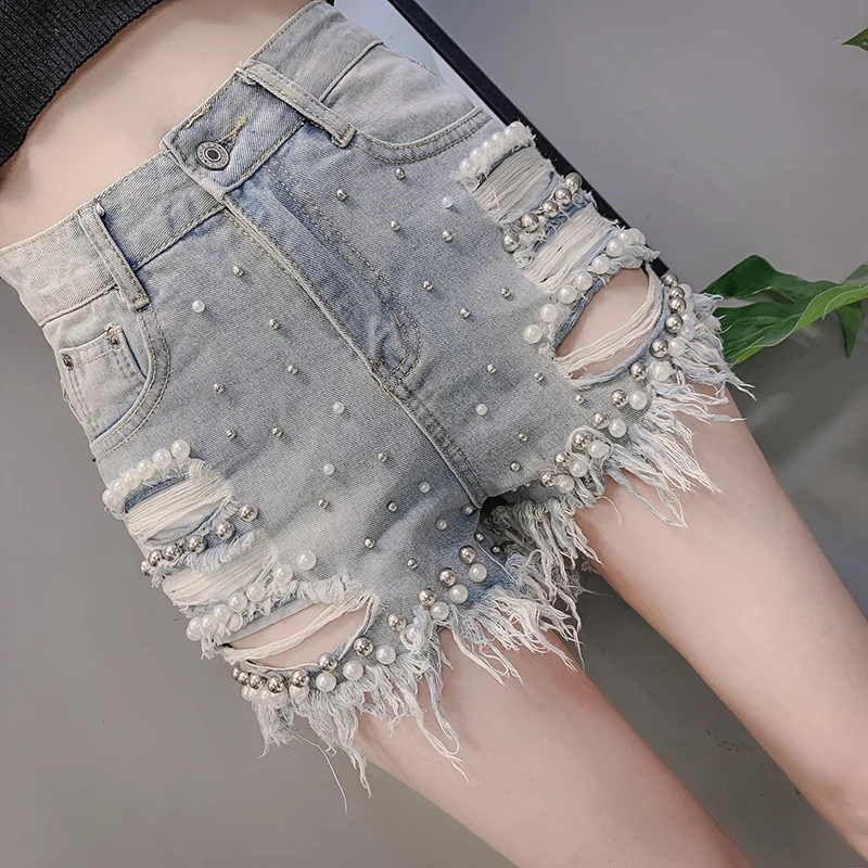 

Club Distressed Ripped Korean Fashion Summer Sexy 2024 Women Denim Shorts Loose Casual High Waist Wide-legged Pearl Shorts Jeans