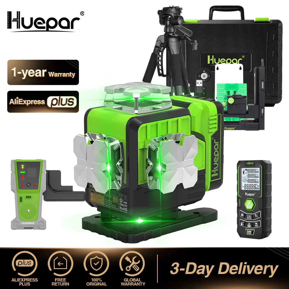 

Huepar 16 Lines Laser Level With Receiver Tripod Rangefinder 4D Green Self-level Bluetooth Laser Tool Remote Control & Hard Case