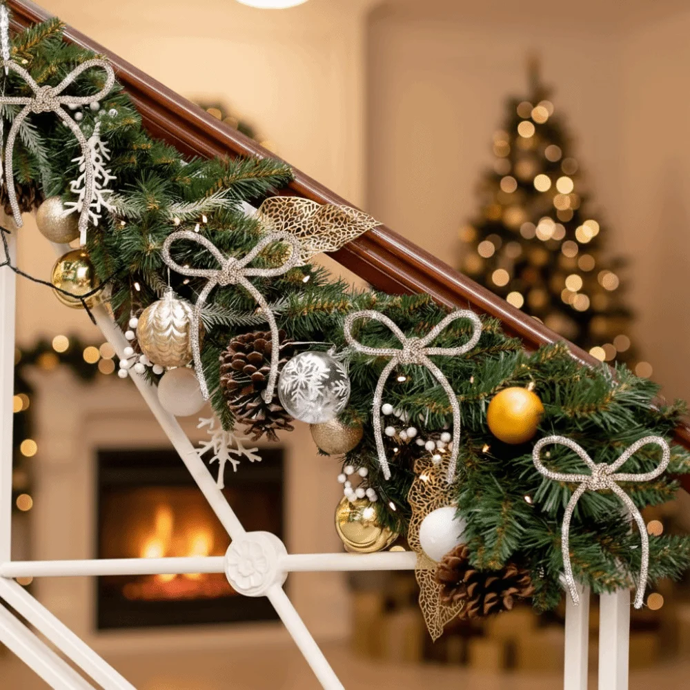 

6 Pieces Set Twist Tie Attachment Christmas Bows Ornaments Glitter Finish Elegant Christmas Tree Decorations