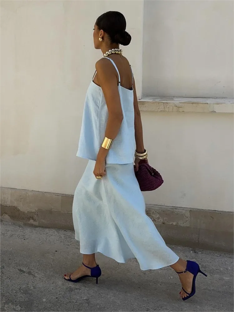 

Woman 2 Piece Set Outfit 2026 New Summer Suspender Fishtail Skirt Suit Solid Color Off Shoulder Casual Simple Style All-match