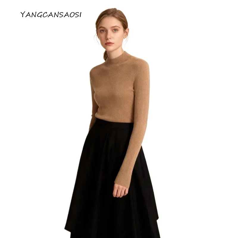 

2025 Women's Autumn New Machine Washable 100% Wool Slimming Inner Hooded Half High Neck Long Sleeved Knitted Bottoming Shirt