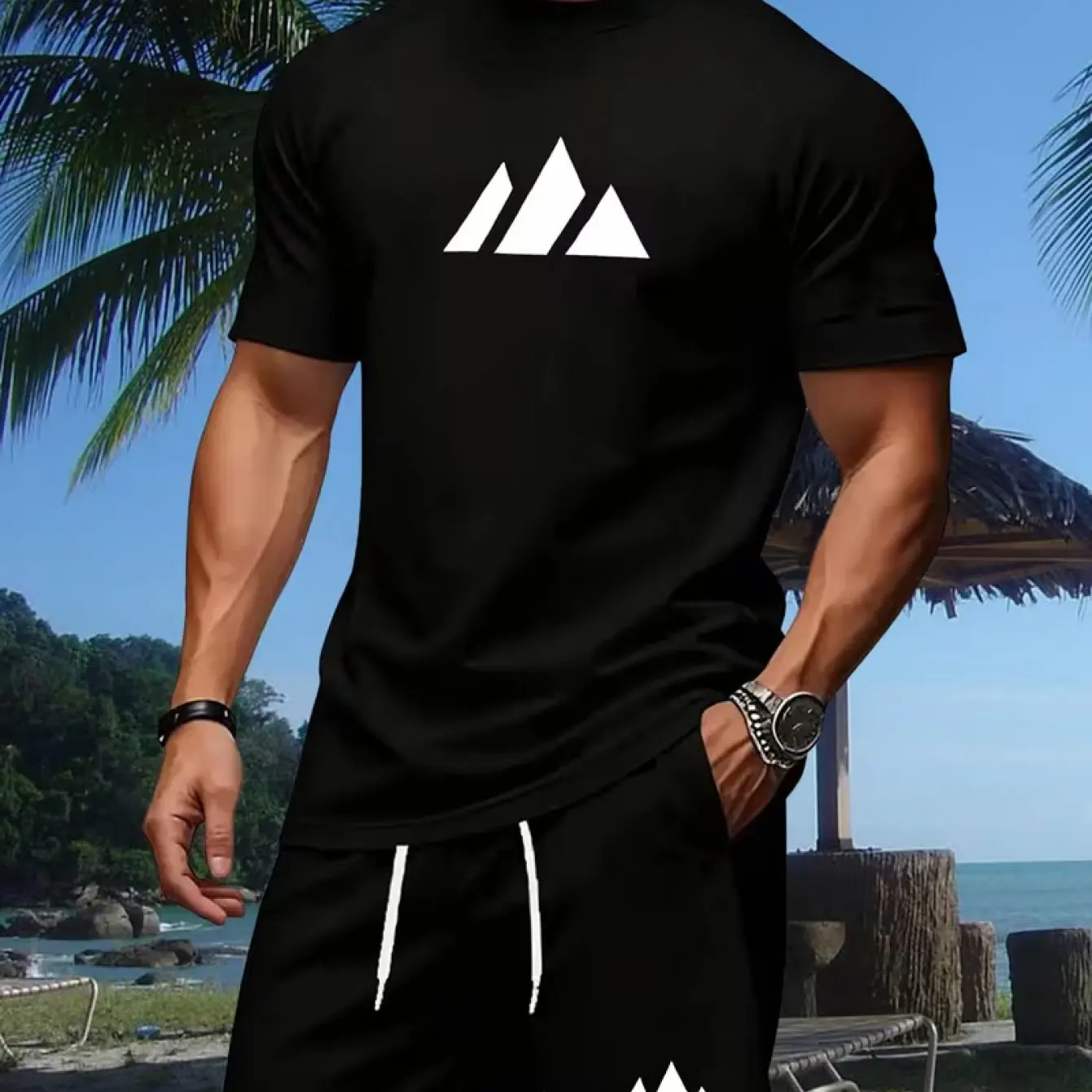 New summer fitness sportswear for men, short-sleeved T-shirt and shorts two-piece set, breathable and quick-drying casual wear.