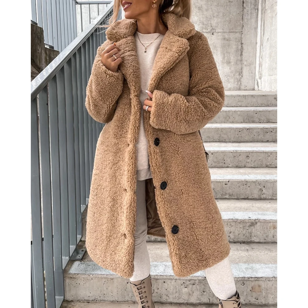 Casual Autumn Femme Turn-down Collar Fluffy Teddy Coat Single Breasted Winter Jackets Outwear for Women Streetwear traf