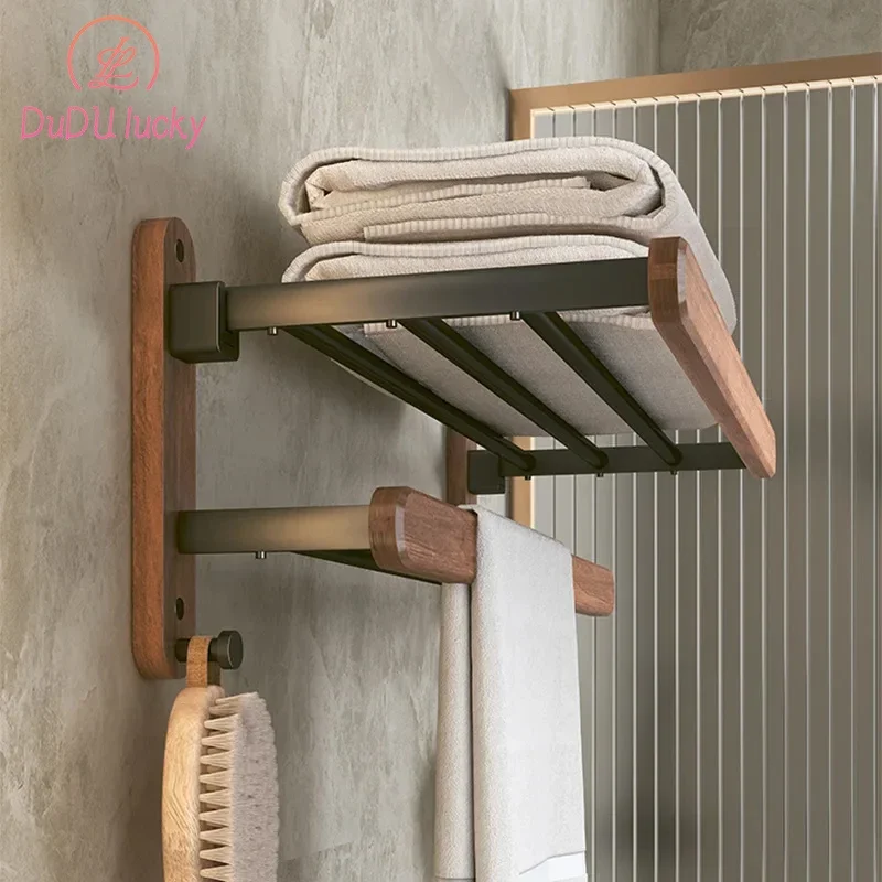 

Walnut Wall-mounted Storage Rack, No Punch, Bathroom Shelf, Toilet, Washroom, Bath Towel Holder