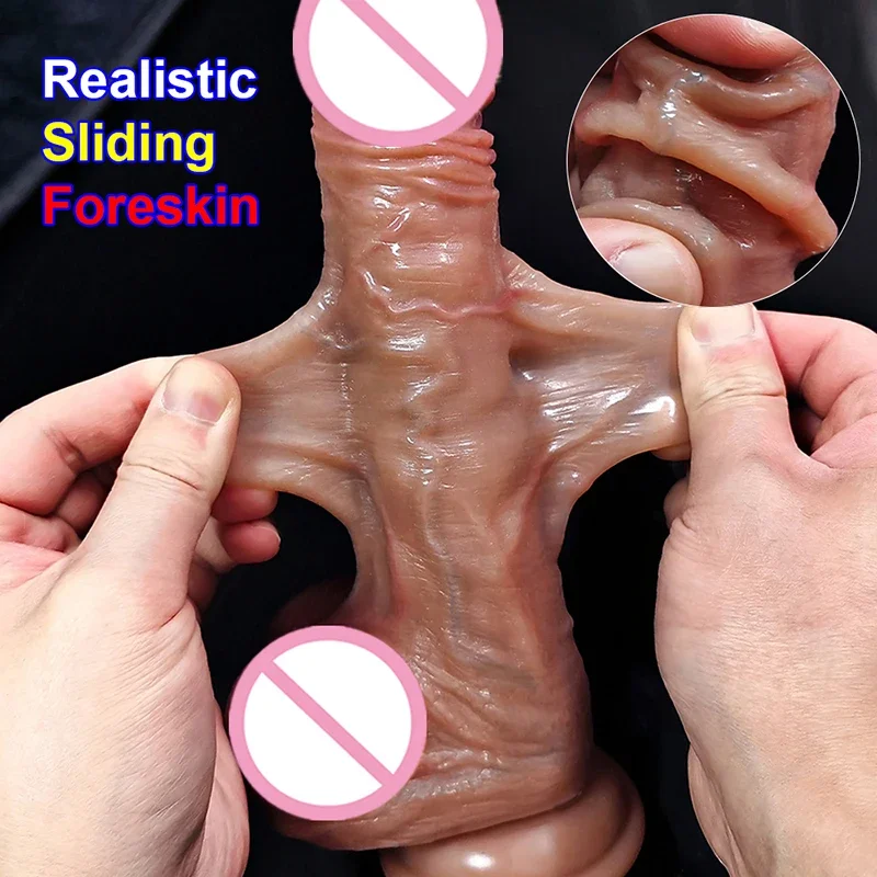 Super Realistic Sliding Skin Dildo Soft Foreskin Big Penis Silicone Suction Cup Anal Sex Toys For Erotic Women Hot Vagina Orgasm