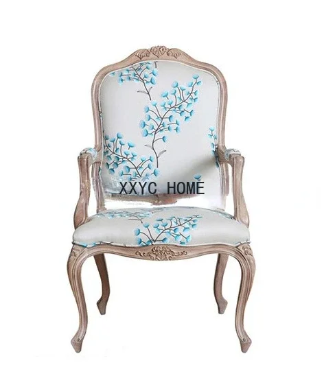 

American-Style Solid Wood Single Sofa Vintage Distressed Oak Fabric Soft Bag Leisure Dining Chair