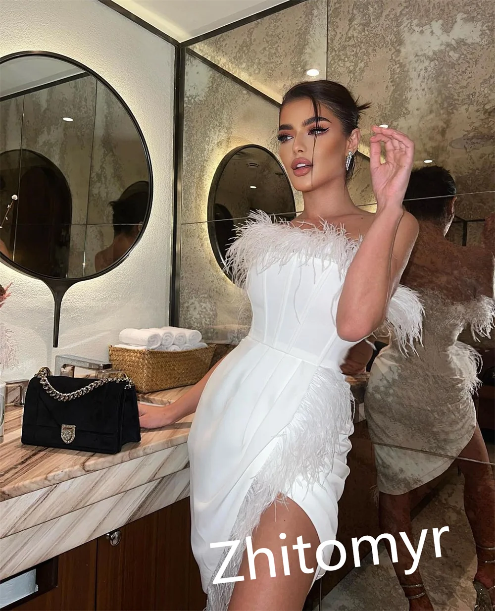 Jiayigong Strapless Feather Prom Gown, Tamanho do joelho Vestidos, Arábia Saudita Bainha, Bespoke Ocasião