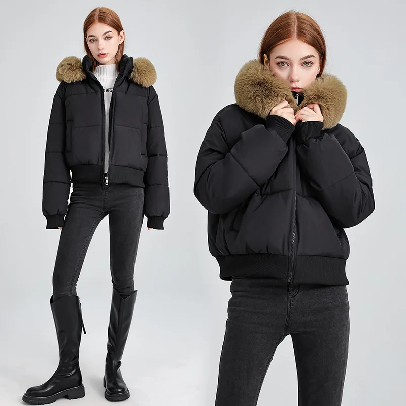 PinkyIsBlack New Warm Autumn and Winter High Waist Big Fur Short Hooded Women's Cotton Padded Jacket Coat Basic Zipper Parkas