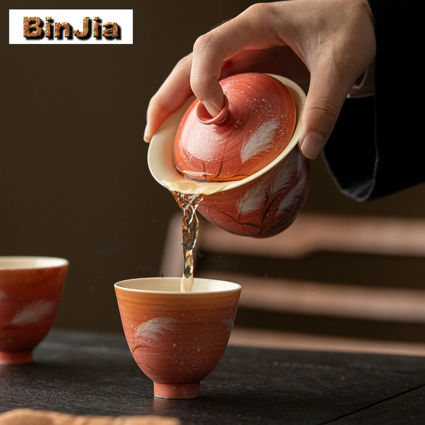 BAEJORIA 160ml Hand-painted Sunset Reed Gaiwan Retro Tea Tureen Tea Bowl With Lid Kit Tea Making Cover Bowl Tea Ceremony Craft