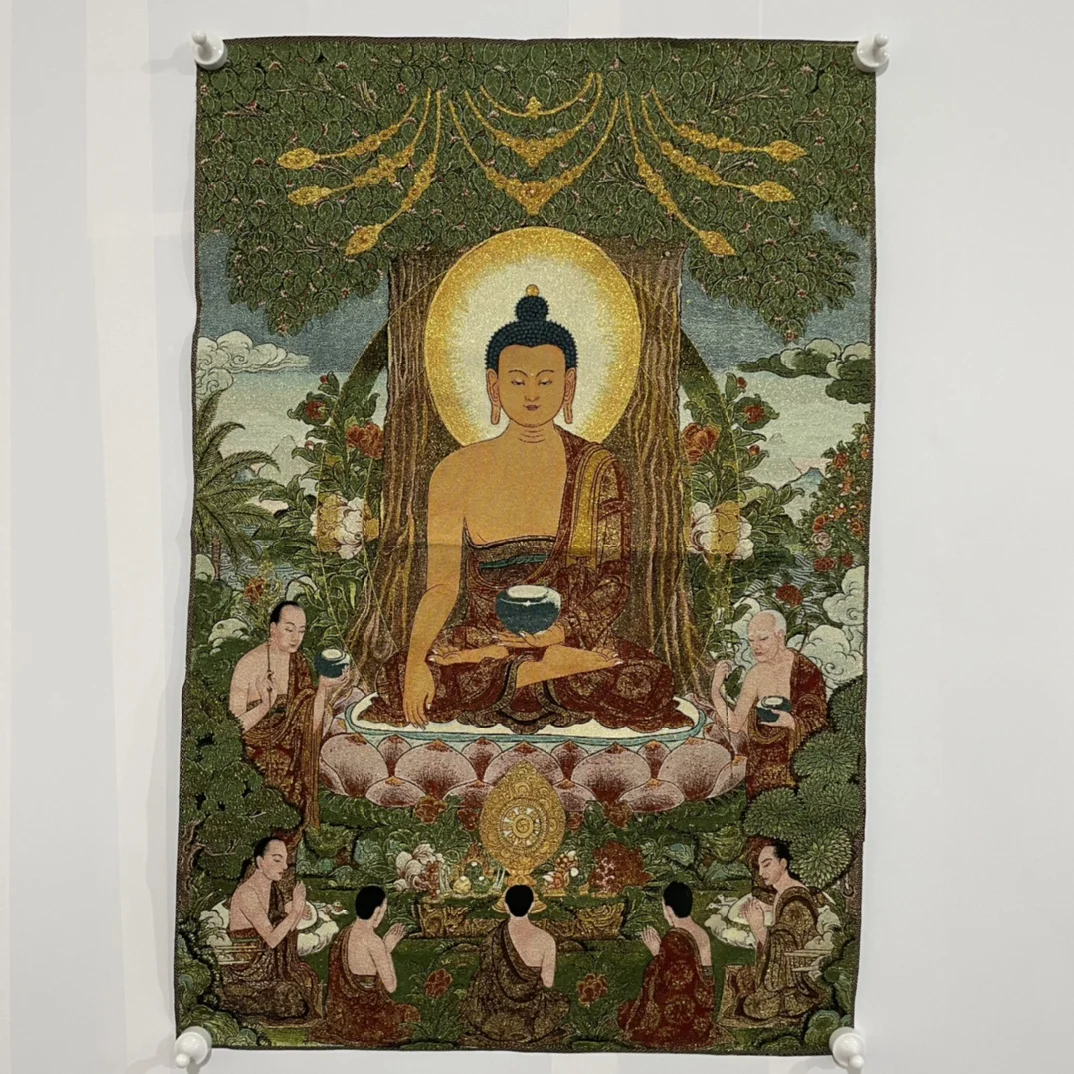 

35"Thangka Embroidery Tibetan Buddhism silk Embroidery Medicine Buddha Amitabha sermon Thangka hanging screen Town house