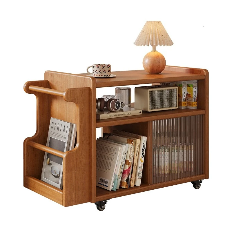 Mobile side table, vintage style sofa side cabinet, living room solid wood coffee table, small cart storage cabinet