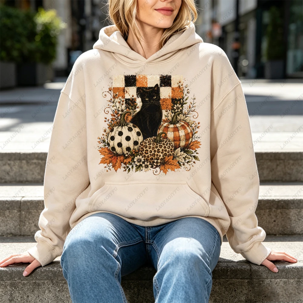 Black Cat Pumpkin Fall Checkered Graphic Hoodie Women Casual Long Sleeve Pullover Vintage Halloween Autumn Holiday Gift Top