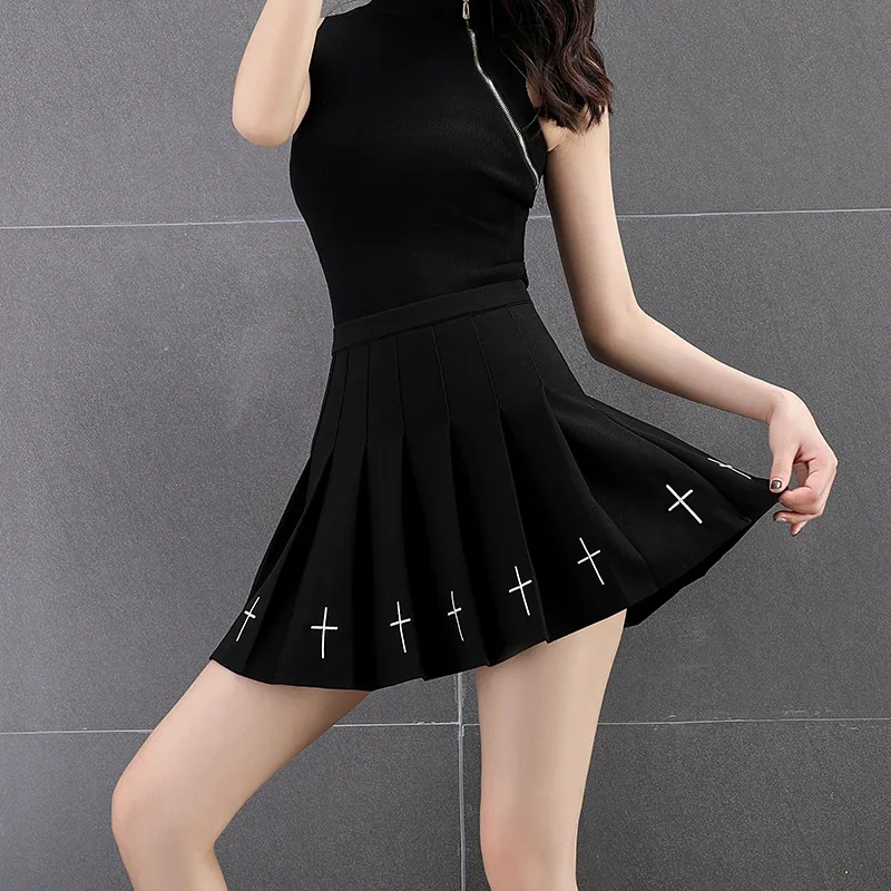 2024 Women Harajuku Sweet Fresh Feeling High Waist Pleated Skirt Elastic Waist Cross Embroidery black Pleated Skirt