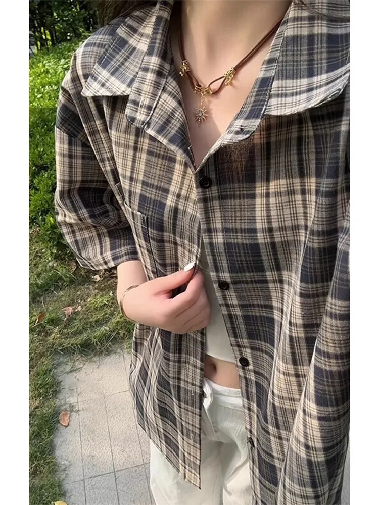 

Bla Plaid ort Sve Men's Summer New Sle American Retro Sun Protection irt Loose Couple Top Youth Faion lin irt