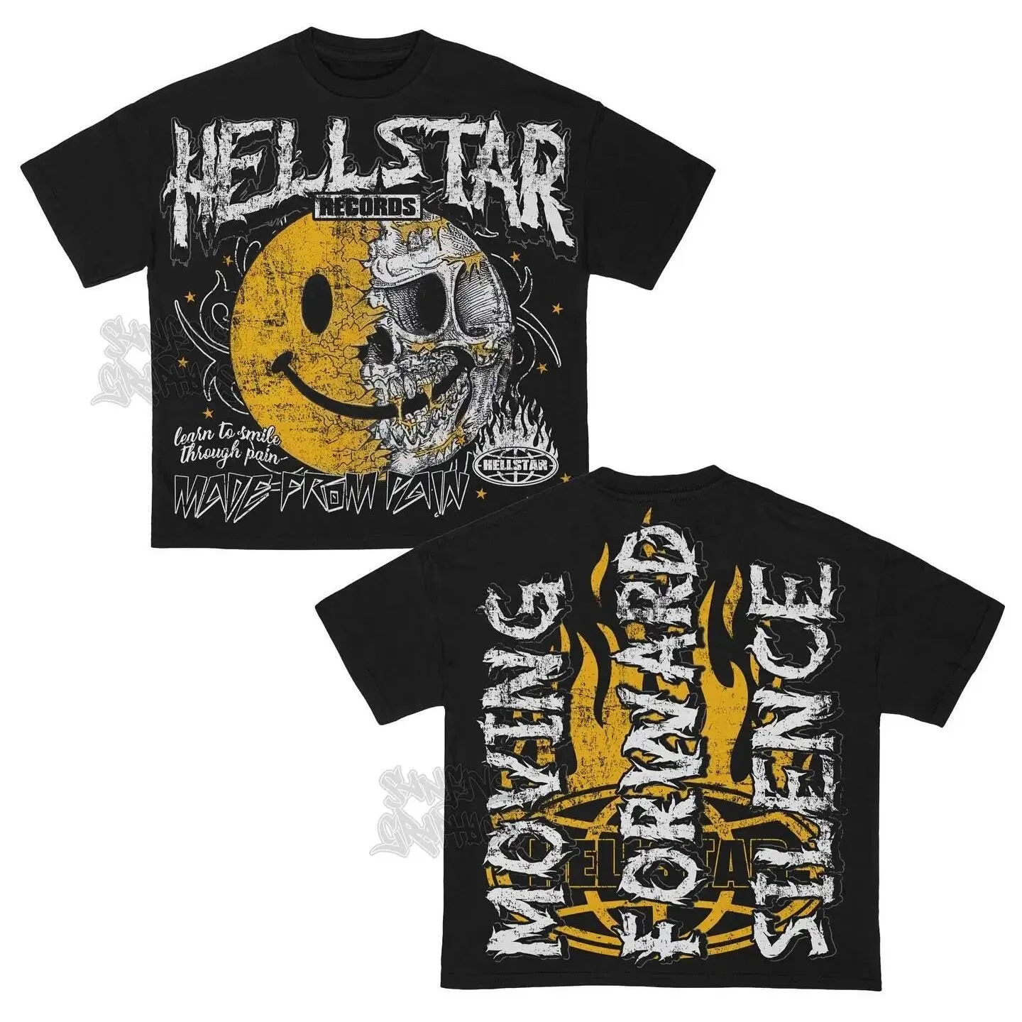 2026 Black Oversized T-shirt, Front Retro Distressed Skull Smile Graphic & Back Flame Letter Print Hip Hop Unisex Streetwear Tee