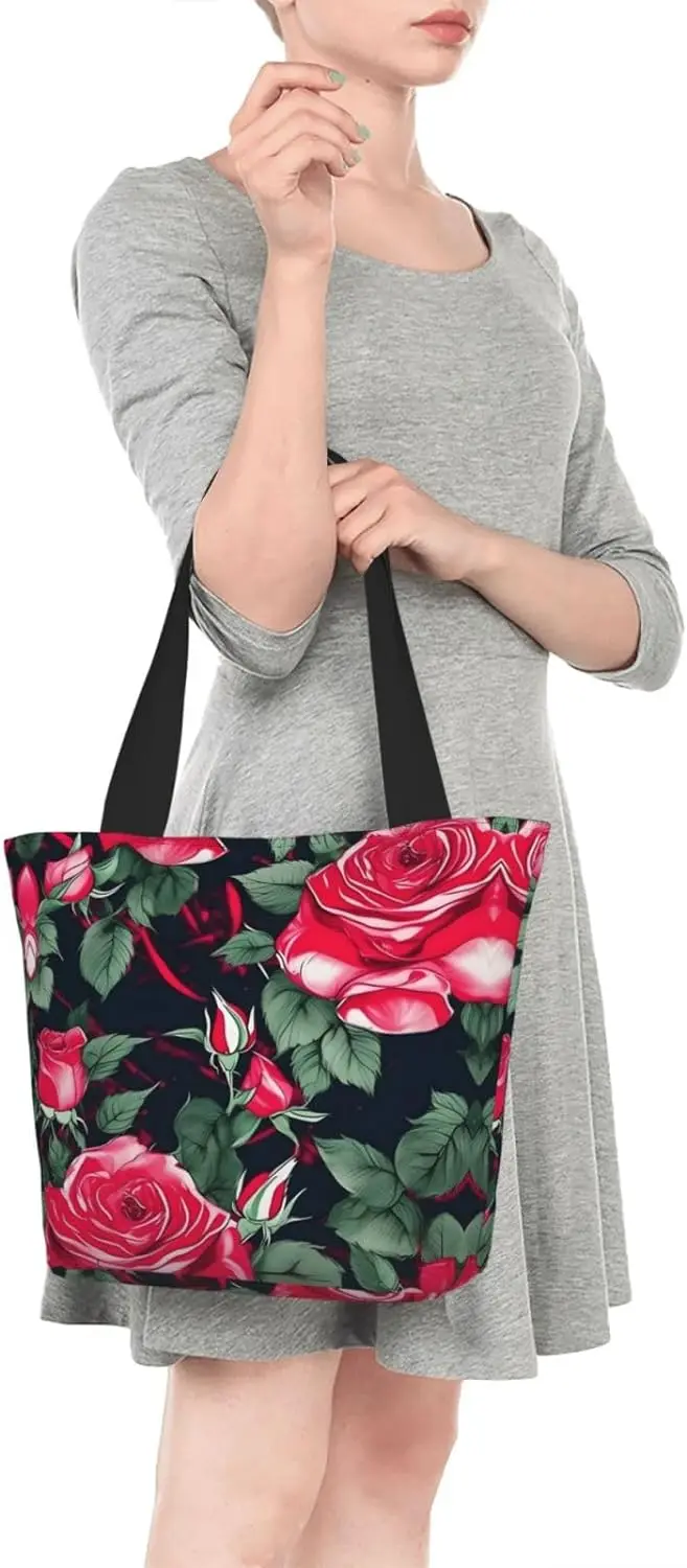 Sacola floral de flor rosa com zíper para mulheres, bolso interno de malha, resistente, casual, pano antiágua, bolsa de ombro, ao ar livre