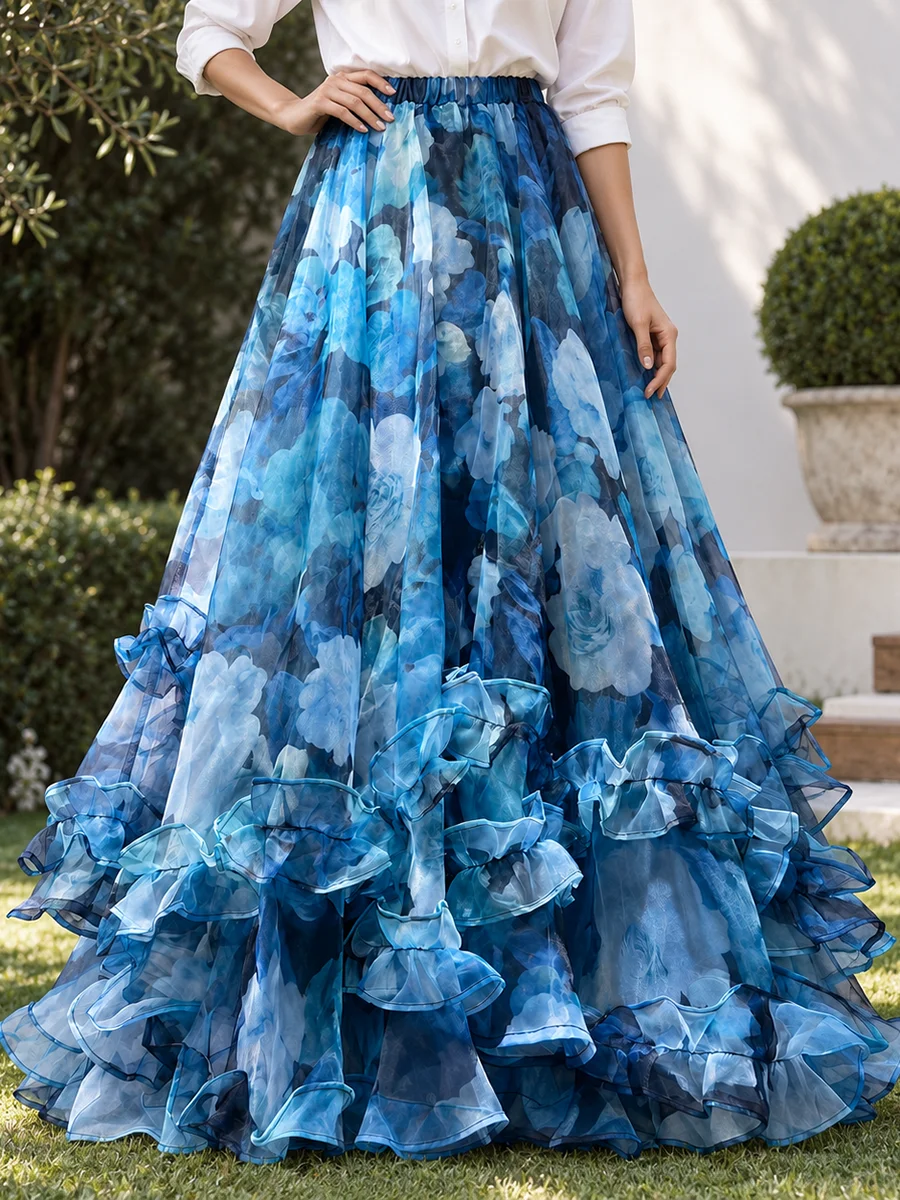 VGH Dreamy Floral Print Organza Floor Length Skirt for Women Elastic Waist Irregular Ruffle Hem Flowy A Line for Vacation Party