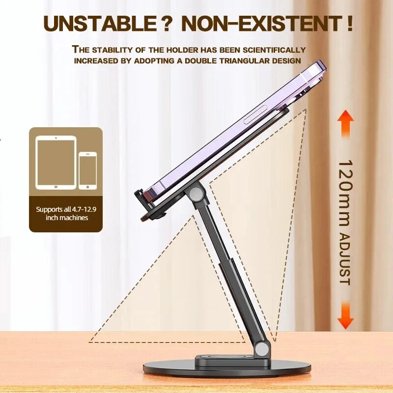 Universal Phone Stand On Desk 360° Rotating Multi-Angle Non-Slip Metal Base Foldable For Office,For iPhoneXiaomi Samsung