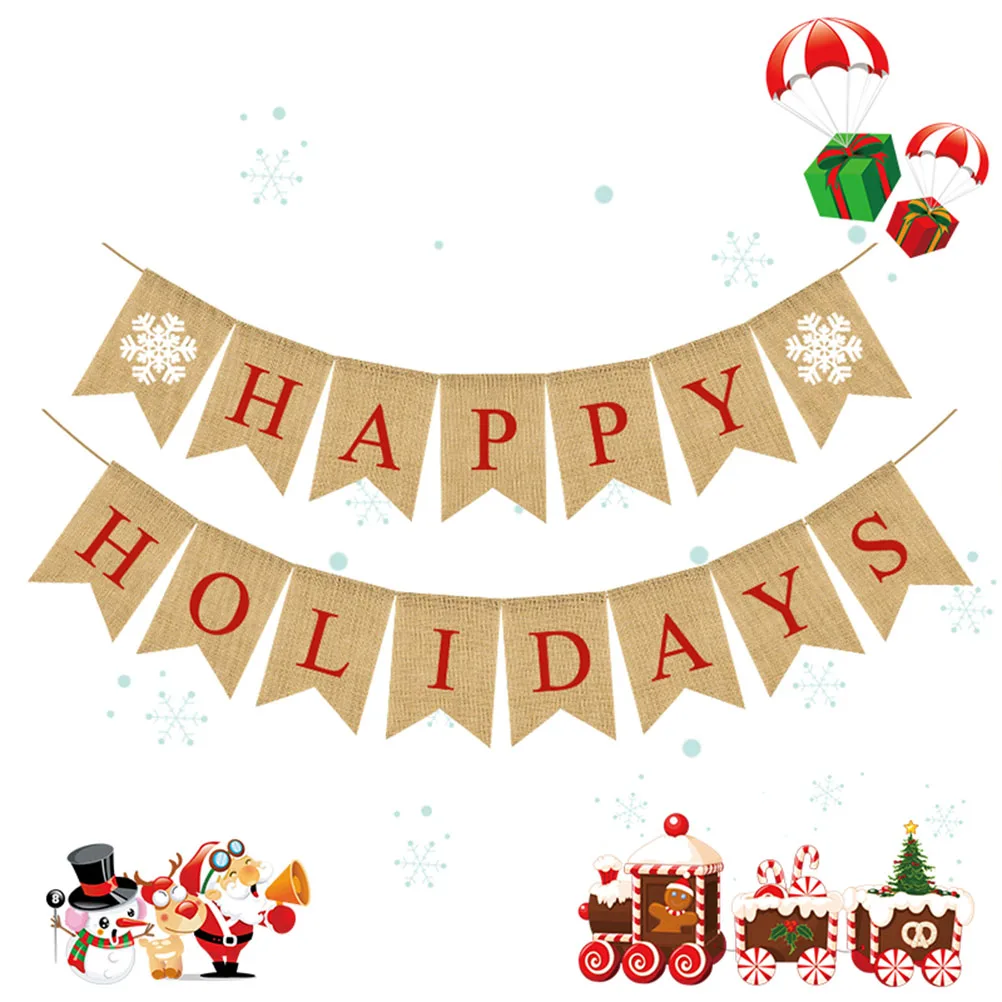 

Christmas Burlap Banners Party Decoration Flags Linen Garland Snowflake Print Swallowtail Bunting Set Holiday Wall Tree