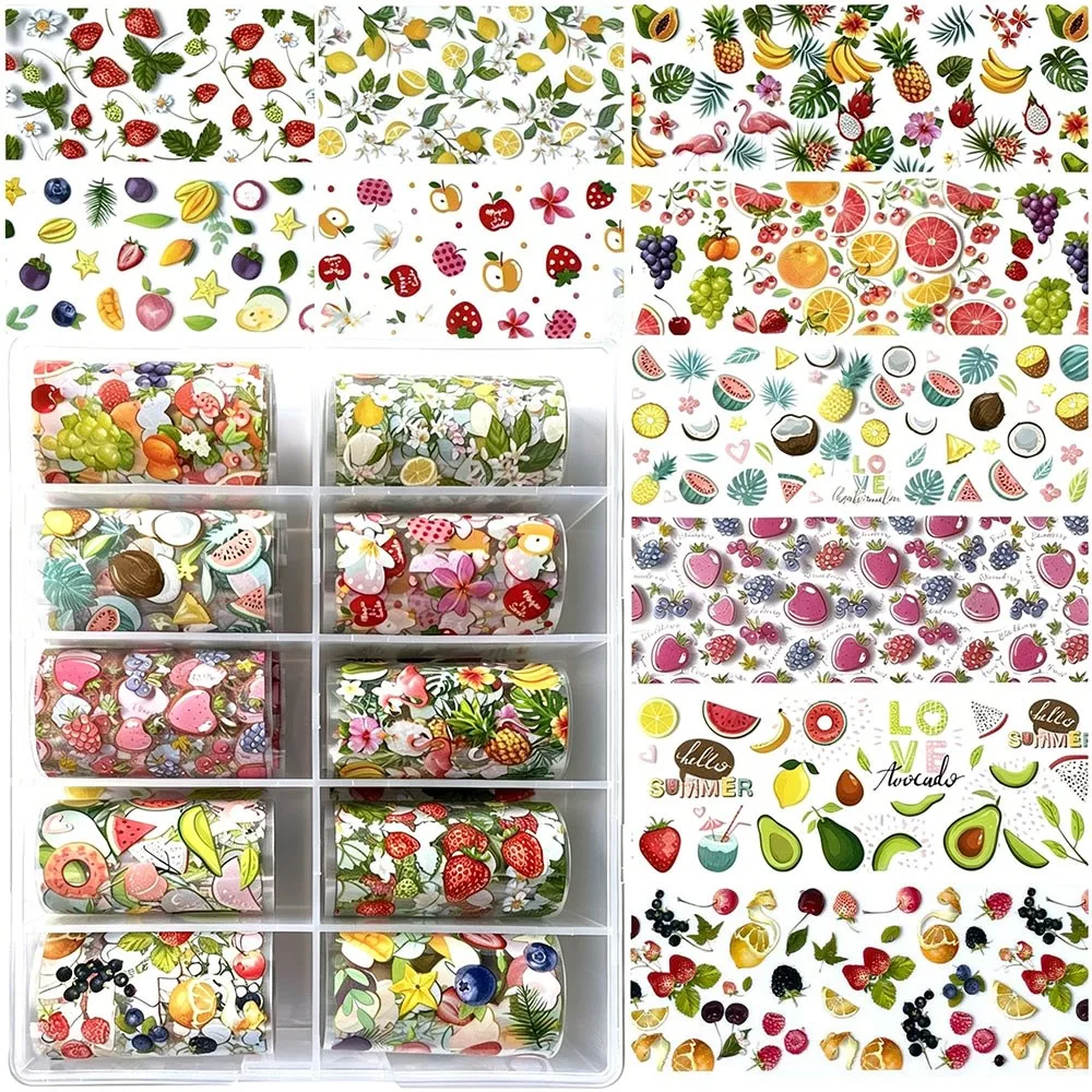 10rolls 3D Lemon Strawberry Grape Orange Avocado Nails Foils Transfer Sticker Summer Fruit  Flower Starry Sky Paper Nail Decals