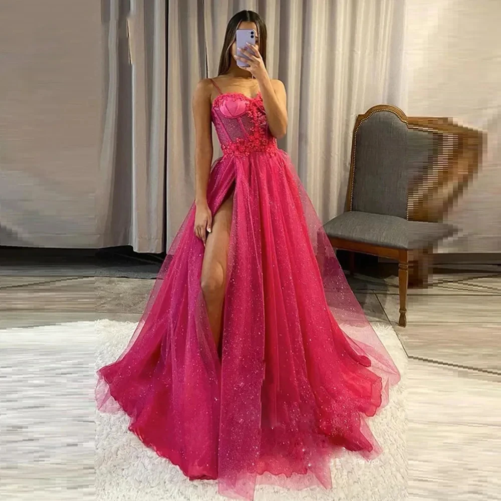 Elegant Shiny Tulle Evening Gown A Line Sexy V Neck Spaghetti Straps Appliqué Party Gown High Slit Formal Occasion Prom Gown