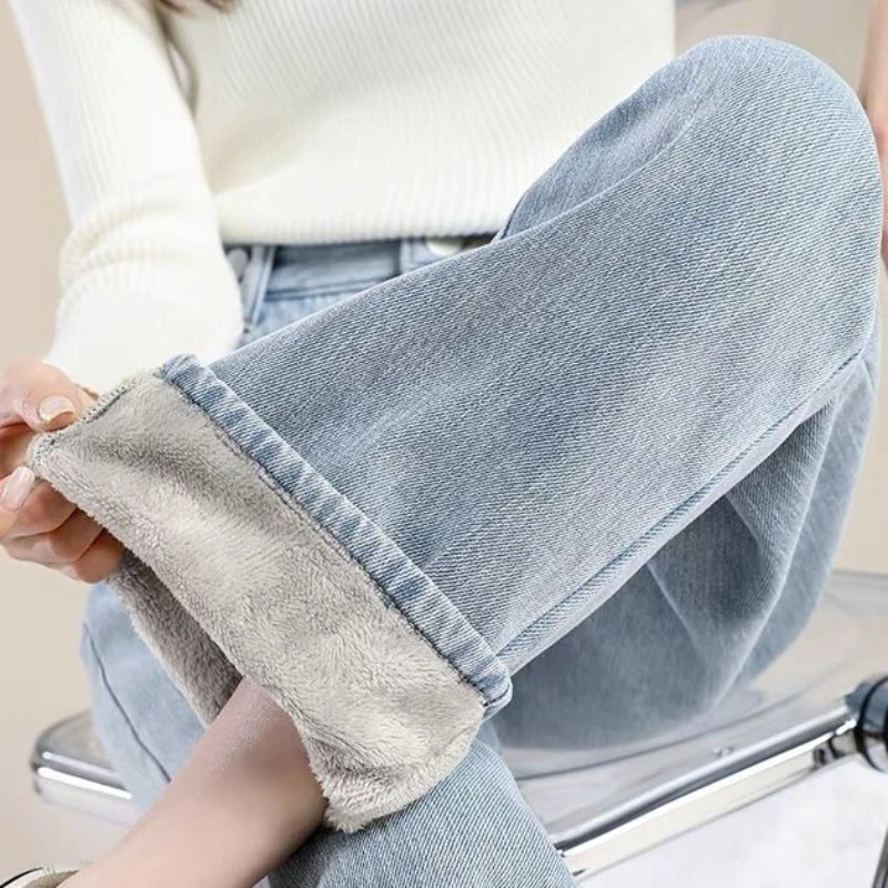 Jeans à jambes larges doublés en peluche pour femmes, taille haute, vêtements de neige baggy, velours ajouté, longueur de rinçage, épais, chaud, droit, hiver