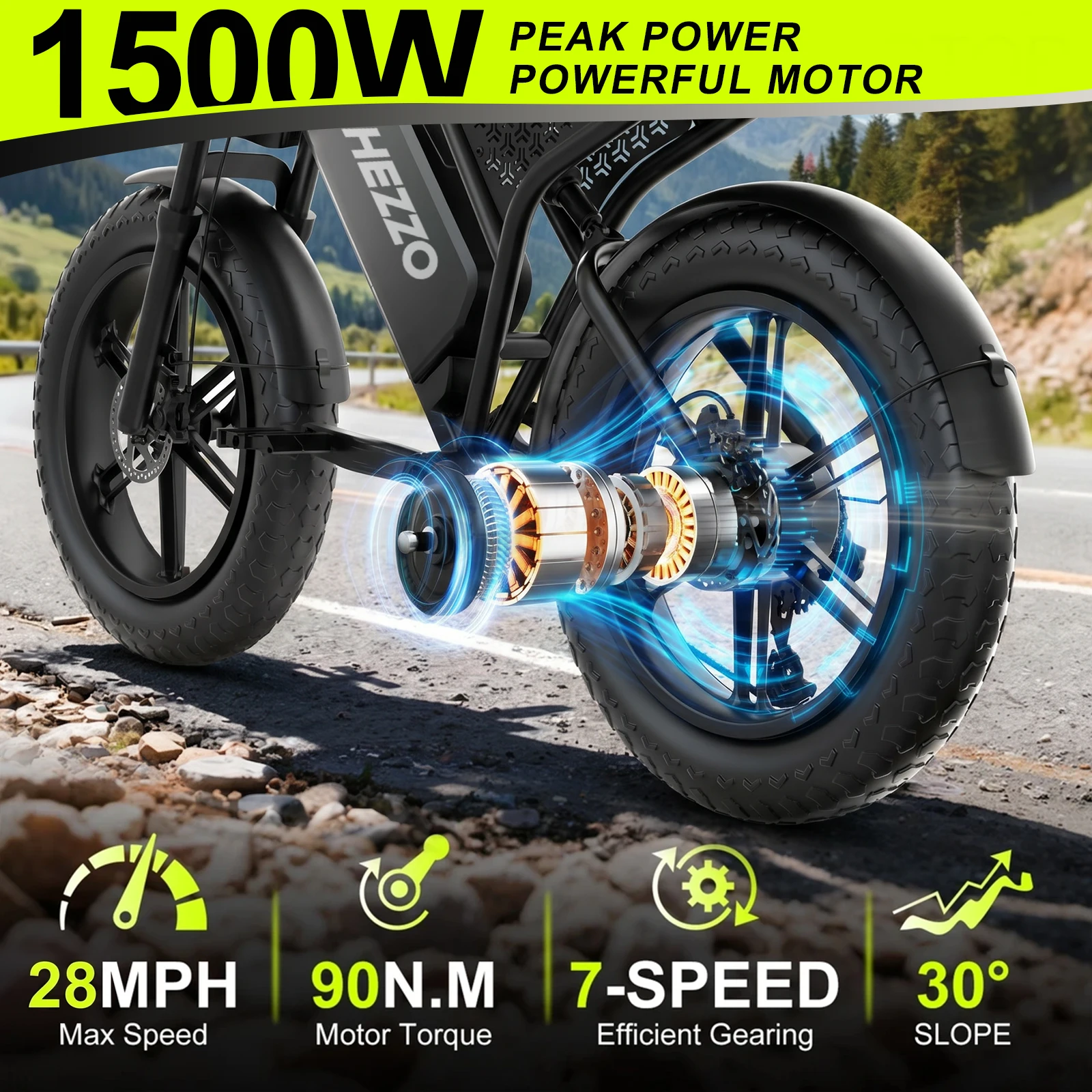 HEZZO K5 Pro 48V Off‑Road Fat Tire Electric Bike, 1500W Peak Power, 20