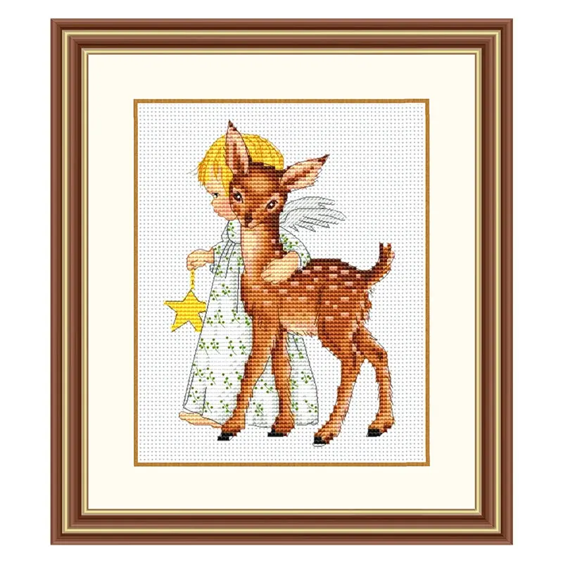 Fishxx Cross Stitch Kit Precision Printed Embroidery E1258 Cherub And Deer Children'S Room Hanging Picture