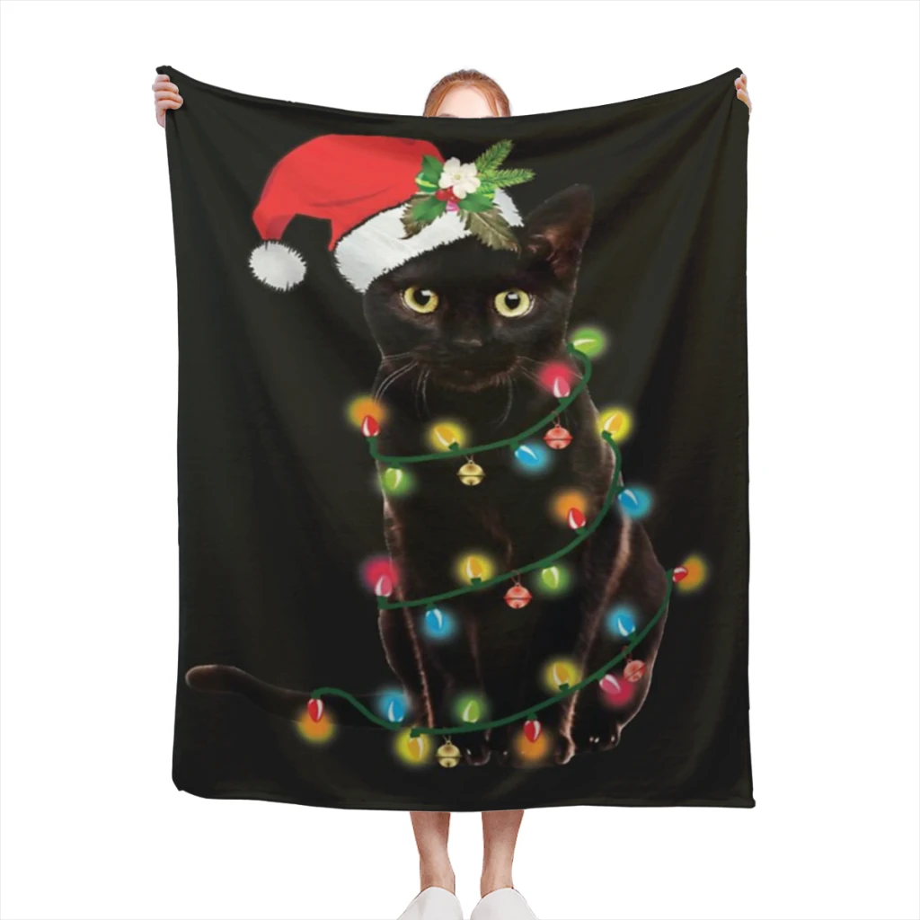 Santa Black Cat Tangled Up In Christmas Tree Lights Holiday Medium Blanket Fluffy Soft Bedroom Decor Sofa Blankets