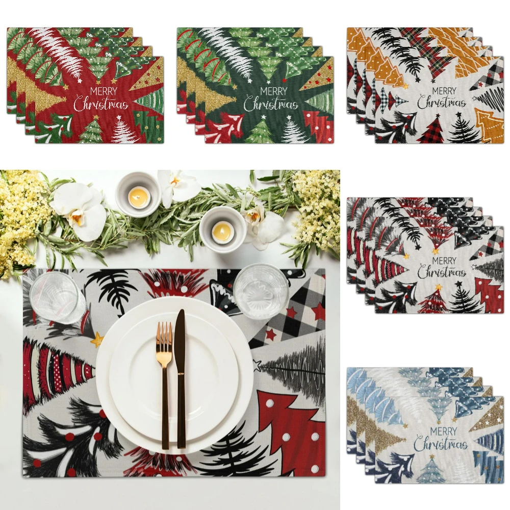 

Christmas Tree Linen Insulation Placemat Set Holiday Table Decor Heat Resistant Kitchen Dish Mats for Daily and Festival Use