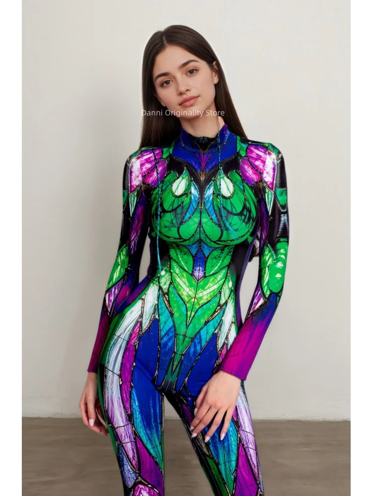 Peacock Cosplay 3D Feathers Print Flare Jumpsuit Women Colorful Long Sleeve Bodysuit Party Stage Rave Festival Performance Suits view 5