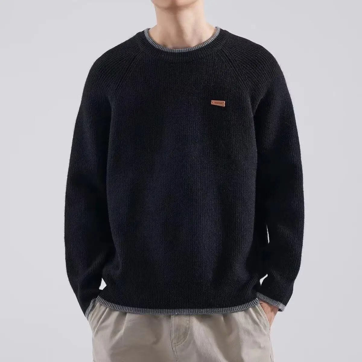 

Свободный вязаный свитер, круглый, осенне-зимний, в стиле ретро, японский мужской свитер цвета морской волны, модный пуловер