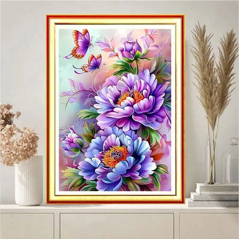 

New Butterfly Play Peony Cross Embroidery Purple Peony Entrance with Embroidered Peony Patterns on the Background