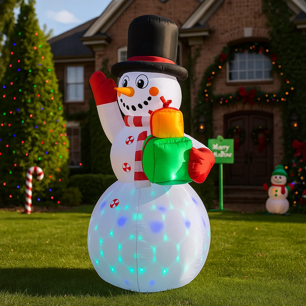 Muñeco de nieve inflable de 2,1 M/6,8 pies con regalos, luces LED para exteriores, decoraciones para el hogar, juguetes, adornos navideños para patio, decoración de iluminación navideña