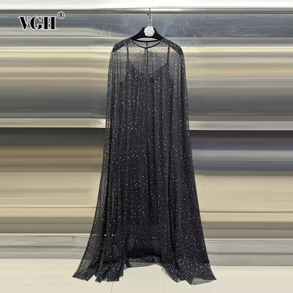 VGH Elegant Patchwork Sequins Solid Dresses For Women Round Neck Cloak Sleeve High Waist Spliced Button Long Dress Female New