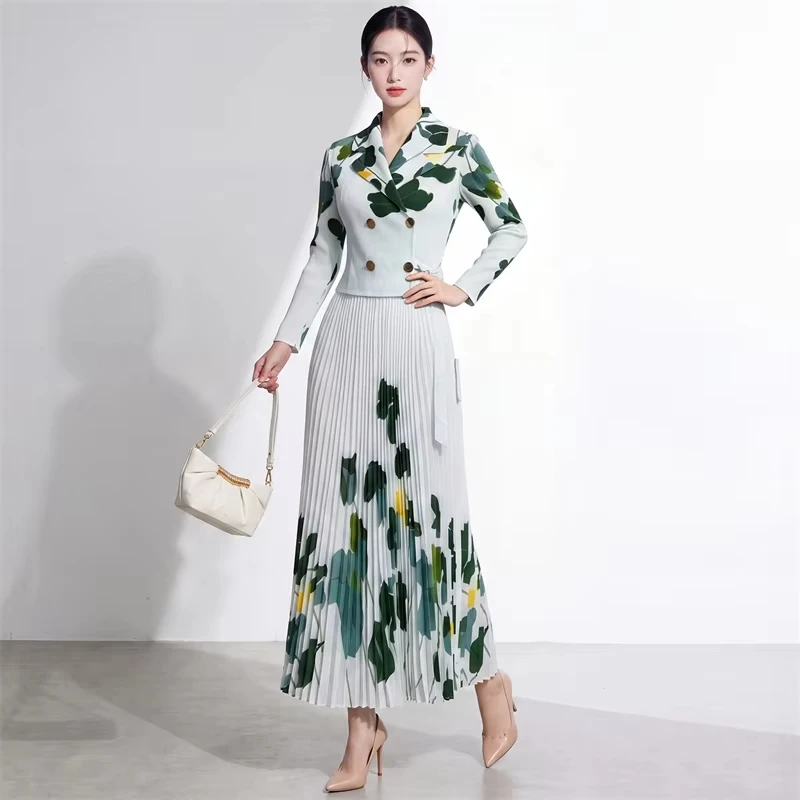 ANLAN Women Blazer Collar Faux Two‑Piece Pleated Maxi Dress Double Breasted Buttons Floral Print Long Sleeve Dresses 9AN5167