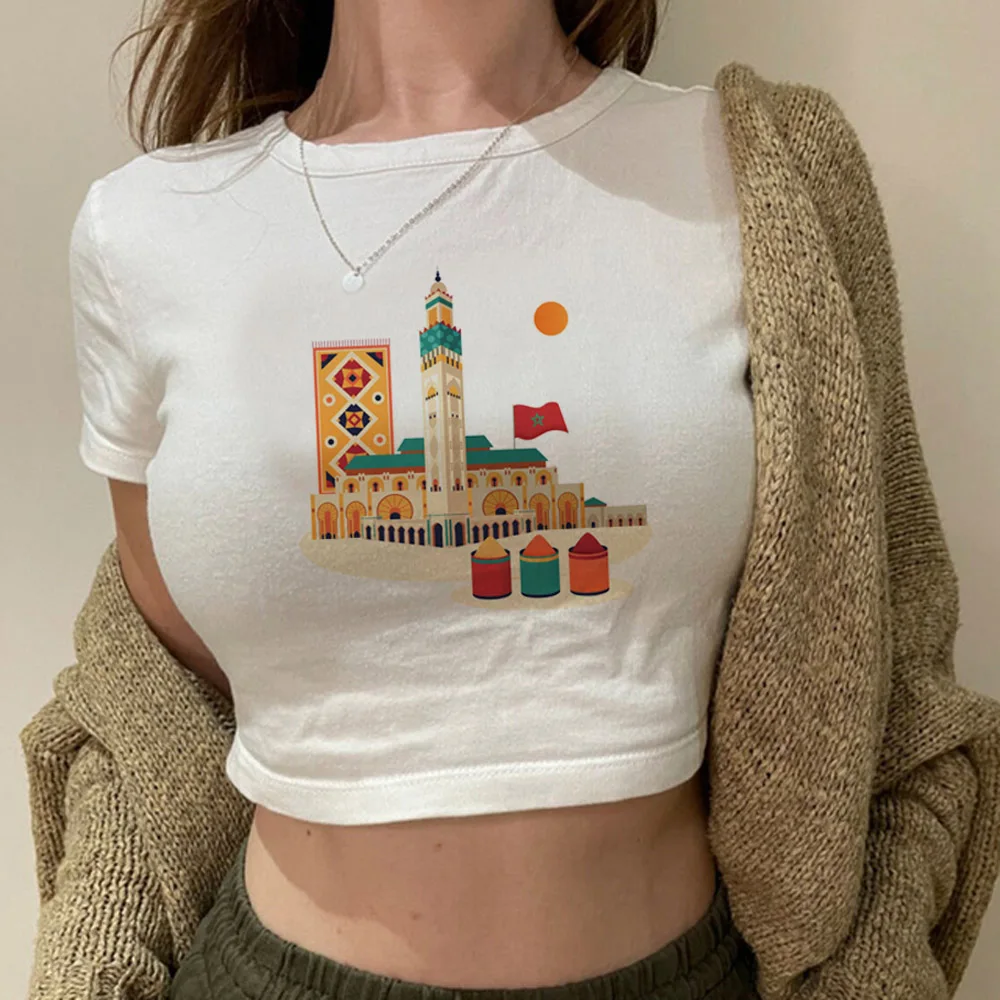 女性のためのマロッククロップトップ,モロッコ,ヒッピー,美的,カワイイフェアリーコア,ヴィンテージTシャツ,韓国ファッション