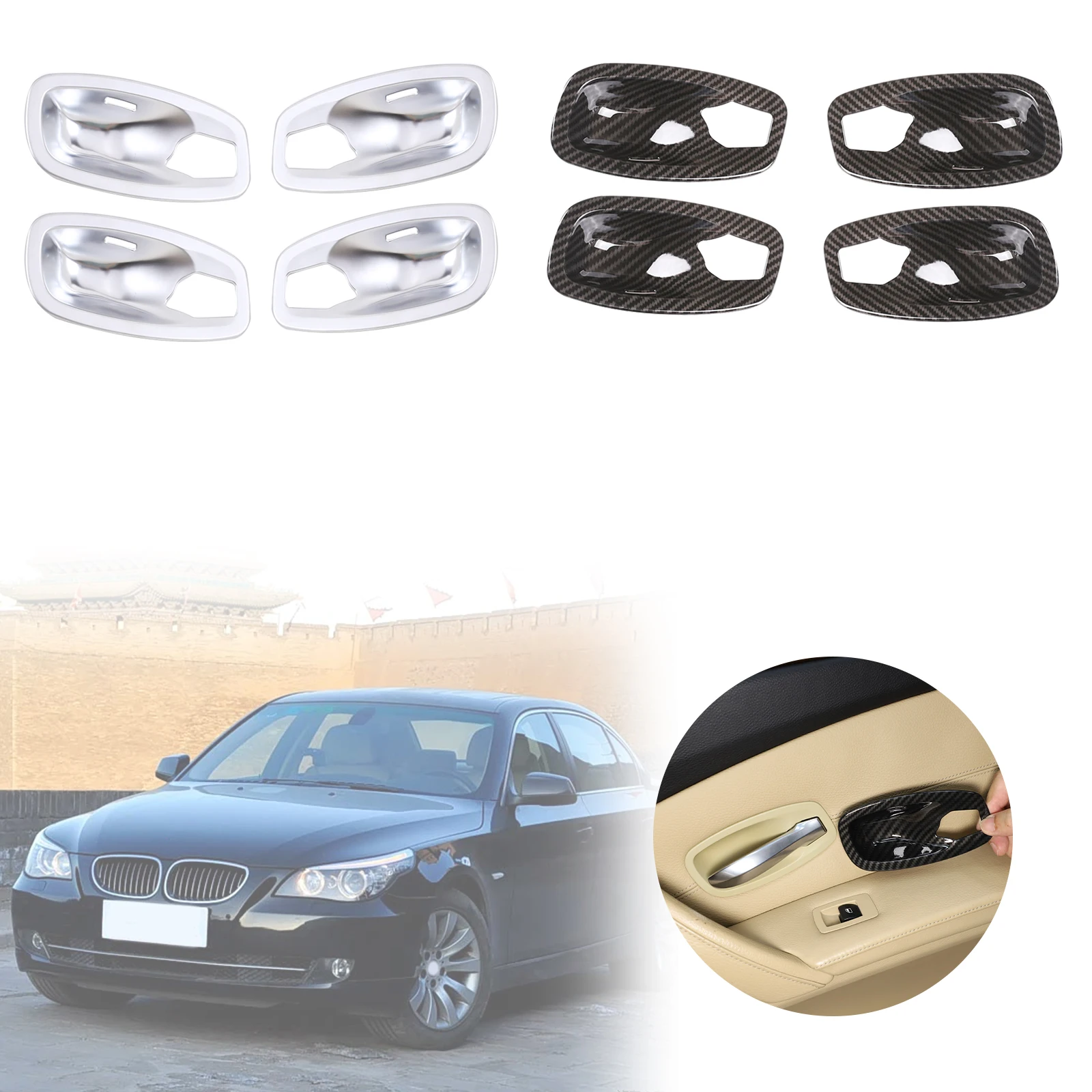 

ABS Carbon Fiber/Silver Car Interior Door Handle Bowl Cover Trim Sticker For BMW 5 Series E60 2004-2010 Auto Accessories